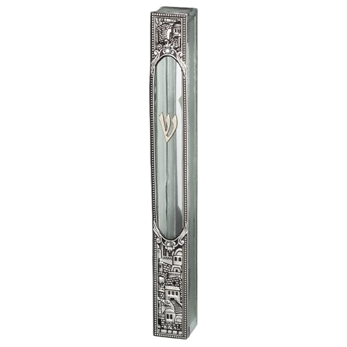 Glass Mezuzah Case with Metal Plaque - 12 cm