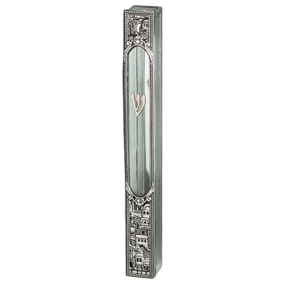 Glass Mezuzah Case with Metal Plaque - 12 cm